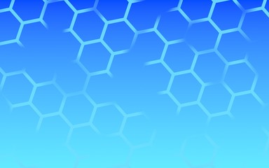 Translucent, with breaks, honeycomb on a gradient blue sky background. Perspective view on polygon look like honeycomb. Isometric geometry. 3D illustration