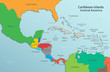 Caribbean islands Central America map state names card colors 3D vector