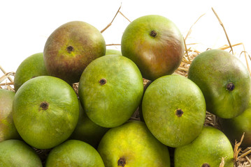 Wall Mural - Raw mangoes on dry grass 