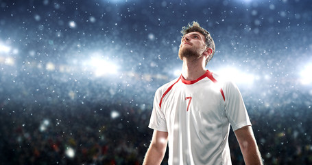 Wall Mural - Soccer player celebrates a victory on the professional stadium while it’s snowing.