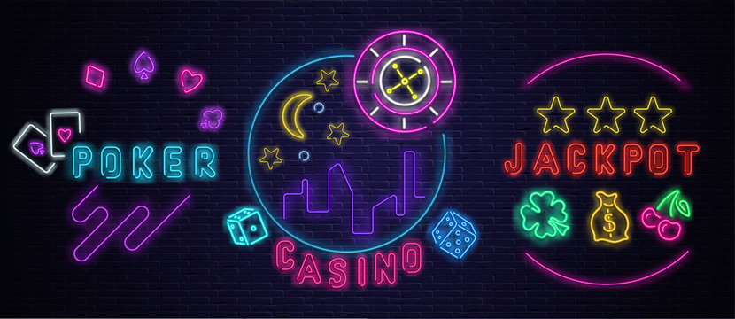 Neon luminous casino, jackpot, poker signs on purple bricklaying wall.
