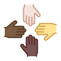 Wall Mural - 4 Hands of different ethnic backgrounds and skin colors teaming up. Vector filled outline icon illustration. Multiethnic international partnership, unity, organization, business. Equality of rights