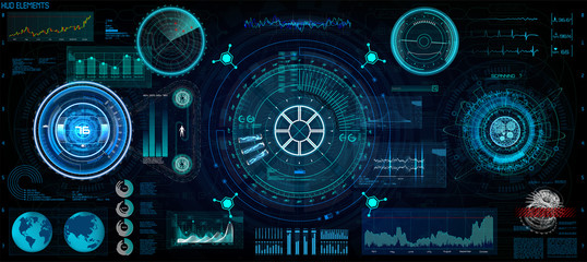 Wall Mural - Futuristic concept HUD, GUI style. Screen ( Dashboard, Futuristic Circle, Space Elements, Infographics) Vector Elements Set for HUD Sci Fi Interfaces. Hi tech future design. Sky fi for VR and App.