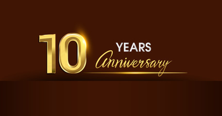 10 years anniversary celebration logotype. anniversary logo with golden color and gold confetti isolated on dark background, vector design for celebration, invitation card, and greeting card