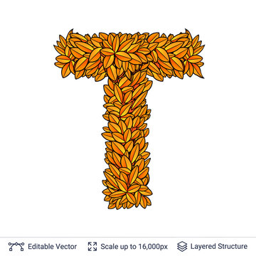 Letter T sign of autumn leaves.