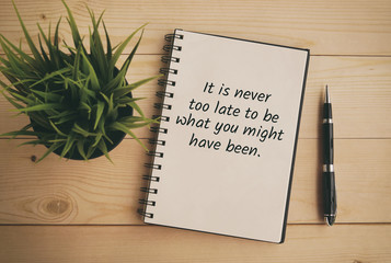Wall Mural - Inspirational and motivation life quote on note pad - It is never too late to be what you might have been. Retro style.