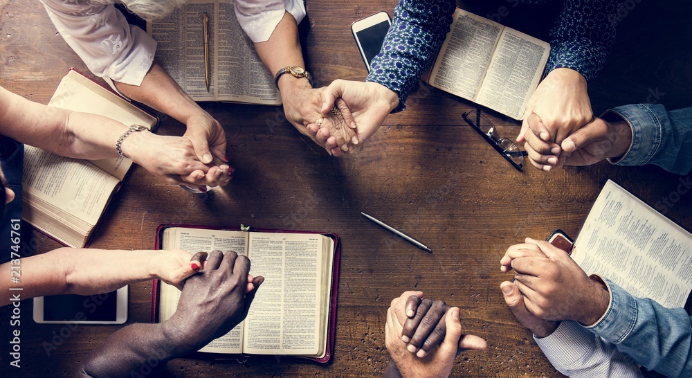 Group of people holding hands praying worship believe - obrazy, fototapety, plakaty 