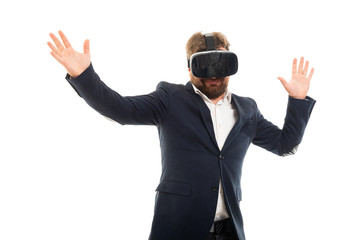 Wall Mural - Business man wearing vr goggles and holding hands up gesture.