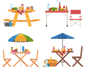 Wall Mural - Picnic table with food icons. Different barbecue tables and chairs with umbrella, blanket, fruits and drinks. Outdoor dining and outing collection.