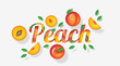 Word peach design decorated with peach fruits and leaves in paper art style , vector , illustration