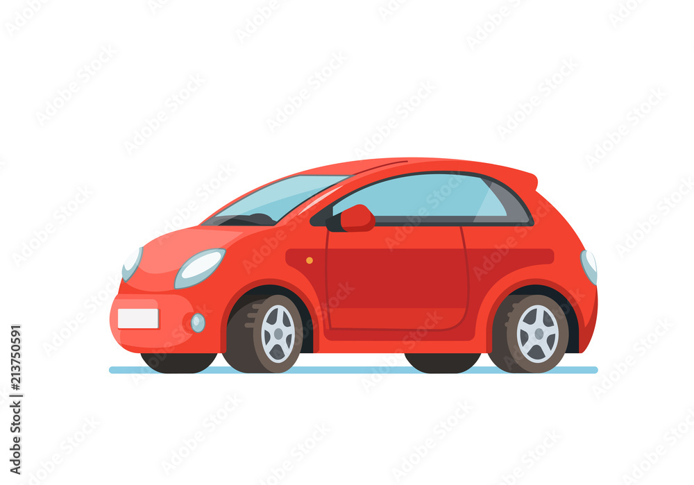 Vector flat illustration of a happy young woman driver sitting rides in his red car. Design concept of buy a new car - obrazy, fototapety, plakaty 
