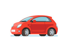 Vector Flat Illustration Of A Happy Young Woman Driver Sitting Rides In His Red Car. Design Concept Of Buy A New Car