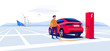Modern electric suv car charging at the charger station with a young man holding the cable. Wind turbines and solar panels in background. Electromobility e-motion flat vector illustration concept. 