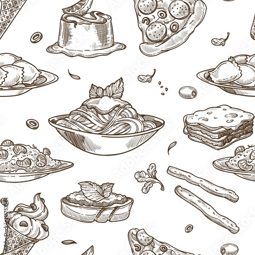 Fotomural Italian cuisine vector sketch seamless pattern
