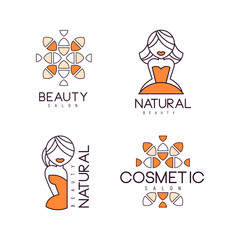 Wall Mural - Geometric emblems for beauty salon or natural cosmetics. Outline logos with orange fill. Vector labels with women silhouettes and abstract patterns