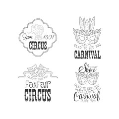 Canvas Print - Hand drawn vector logos for circus or carnival. Sketch style emblems with elephant on stand, masquerade and theatrical masks