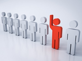 Fototapete - Stand out from the crowd and different creative idea concepts One red man raising his hand among other white people on white gray background with shadows and reflections 3D rendering