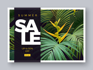 Wall Mural - Summer vector floral sale banner. Tropical template design with banana and sabal palm leaves and yellow bird of paradise flowers.