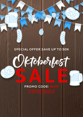 Wall Mural - Beautiful flyer for Oktoberfest sale. Vector illustration with realistic garlands and paper objects hanging on background of wooden texture. Seasonal offer with discount.