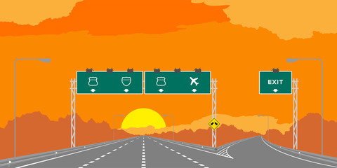 Wall Mural - Y junction Highway or motorway and green signage in surise, sunset time illustration isolated on orange sky background