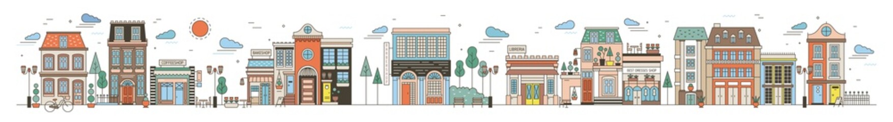 Fototapete - Colorful horizontal cityscape with street of European city full of elegant buildings, residential houses, stores and shops, public locations. Creative vector illustration in modern line art style.