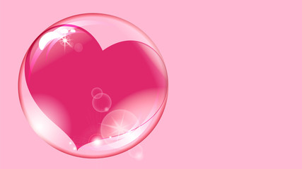 red heart inside a transparent sphere on a pink background soap bubble