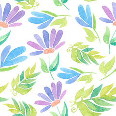 Seamless pattern with painted decorative purple daisies and leaves isolated on white background. Watercolor illustration