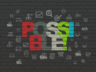 Sticker - Finance concept: Painted multicolor text Possible! on Black Brick wall background with  Hand Drawn Business Icons