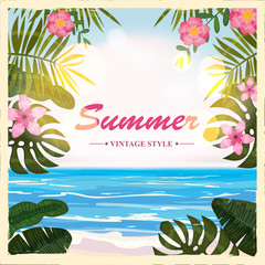 Wall Mural - Vector summer retro poster background, flowers, beach, vector, illustrations