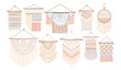 Collection of macrame wall hangings. Bundle of elegant handmade home decorations made of cotton cord isolated on white background. Colorful hand drawn vector illustration in flat cartoon style.