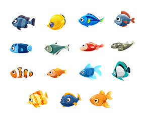 Wall Mural - vector set of cute pet shop, fish, tropical fish, aquarium fish, clown fish, sardines, goldfish, sailboat