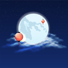 Poster - Full moon night background decorated with chinese lantern.