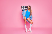 Let's Make Noise! Swag People Person Leisure Hobby Melody Meloman Concept. Full Length Body Size Photo Of Beautiful Excited Mad Joyful Girl Holding Tape Radio On Shoulder Isolated Pastel Background