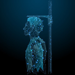 Poster - Measuring height low poly wireframe. Male on Vector polygonal image in the form of a starry sky or space, consisting of points, lines, and shapes in the form of stars with destruct shapes.