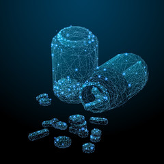 Poster - Abstract image of a Pill container and pills in the form of a starry sky or space, consisting of points, lines, and shapes in the form of planets, stars and the universe. vector wireframe