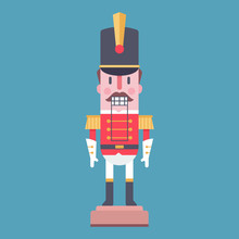 Nutcracker Vector Cartoon Character Toy Soldier Isolated On Blue Background.