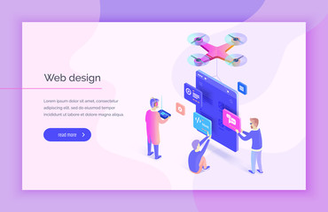 Fototapete - Web design, development. People interact with parts of the interface, creating an interface for the mobile application. Modern vector illustration isometric style.