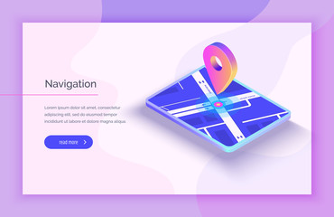 Poster - Gps navigation system. Mobile application for navigation. Gps smart tracker. Mobile phone is a mark on the map. Modern vector illustration isometric style.	