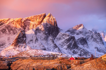 Wall Mural - mountains in the lofoten islands bay. natural landscape during sunrise
