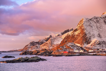 Wall Mural - mountains in the lofoten islands bay. natural landscape during sunrise