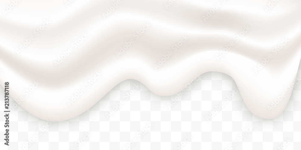 Liquid creamy white texture flowing on wide background, vector illustration. Yogurt realistic texture layers isolated on transparent background. Liquid cream pouring, yoghurt background. - obrazy, fototapety, plakaty 