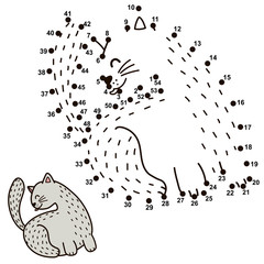 Canvas Print - Numbers game for children. Connect the dots and draw a funny cat licking its back. Vector illustration