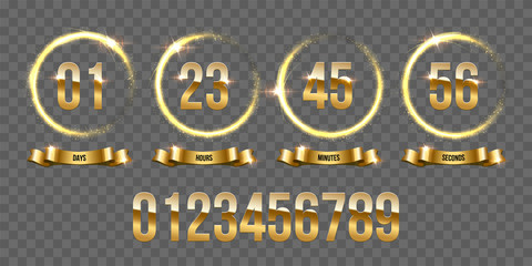 Wall Mural - Golden numbers inside fire rings and golden ribbons on transparent background. Vector luxury counter. 