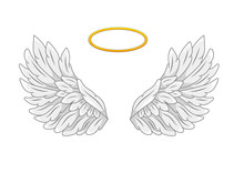 A Pair Of Wide Spread Angel Wings With Golden Halo Or Nimbus. Grey And White Feathers. Contour Drawing In Modern Line Style With Volume. Vector Illustration