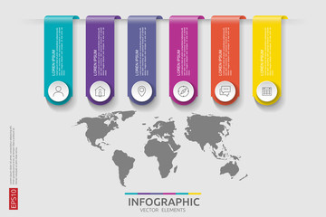 Poster - 6 steps infographic. timeline design template with 3D paper label and world map background. Business concept with options. For content, diagram, flowchart, steps, parts, workflow layout, chart.