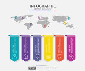 Poster - 6 steps infographic. timeline design template with 3D paper label and world map background. Business concept with options. For content, diagram, flowchart, steps, parts, workflow layout, chart.