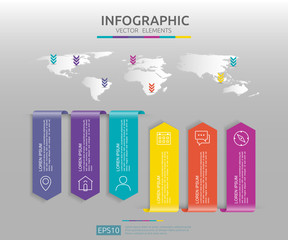 Poster - 6 steps infographic. timeline design template with 3D paper label and world map background. Business concept with options. For content, diagram, flowchart, steps, parts, workflow layout, chart.