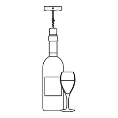 wine bottle silhouette with corkscrew and cup