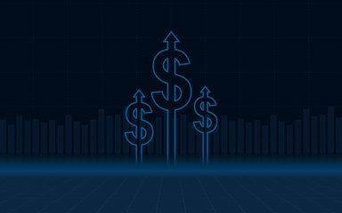 abstract financial chart with dollar arrow sign on blue color background