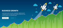 Rocket Flying On Chart Of Growth. Concept Of Successful, Business Growth, Business Planning And Success, Increase In Sales, Analysis And Investment. Flat Design Web Banners In Vector Illustration.